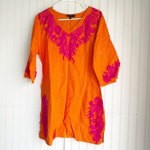 Chances R Size M Vibrant Orange and Pink Embroidered Tunic Top